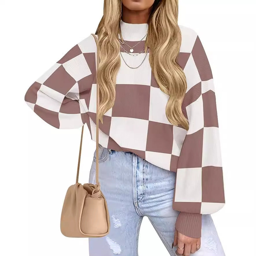 Women's Fashion High Collar Long Sleeve Striped Rib Sweater