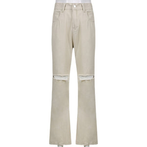 Casual Wide-leg Pants Ripped High-waist Denim Trousers