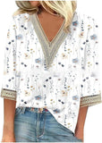 Wear Loose New Floral Print Stitching Lace Half Sleeve V-neck T-shirt