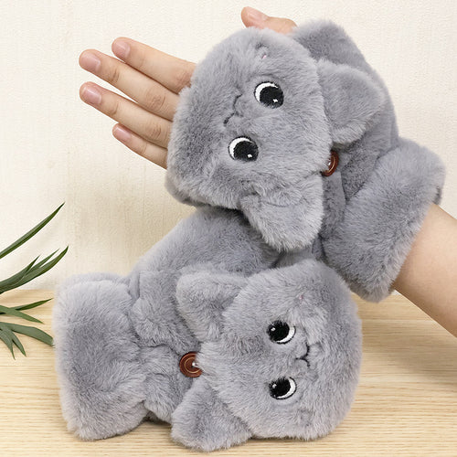 Plush Gloves Cartoon Cat Cute Half-finger Flip Warmth And Thicken