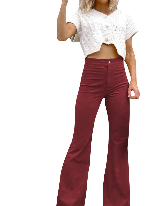 Solid Color Mid-waist Slim-fit Micro Flared Pants Corduroy