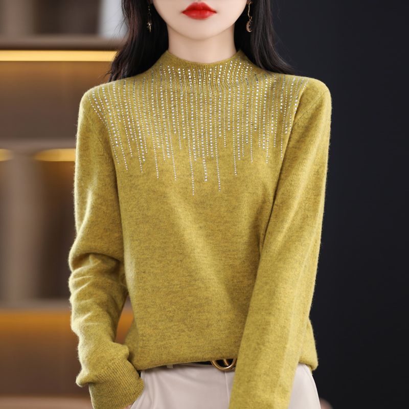 Women's Diamond-embedded Half-turtleneck Wool Sweater Bottoming Shirt