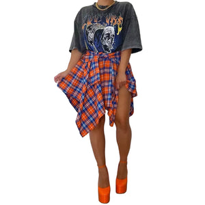 Women's Fashion Irregular Plaid Tied Sleeve Fake Shirt Skirt