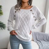 Square Neck Knitted Sweater With Button Design Winter Warm Long Sleeve Tops Women's Clothing