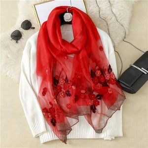 Wool Embroidery Begonia Scarf Long