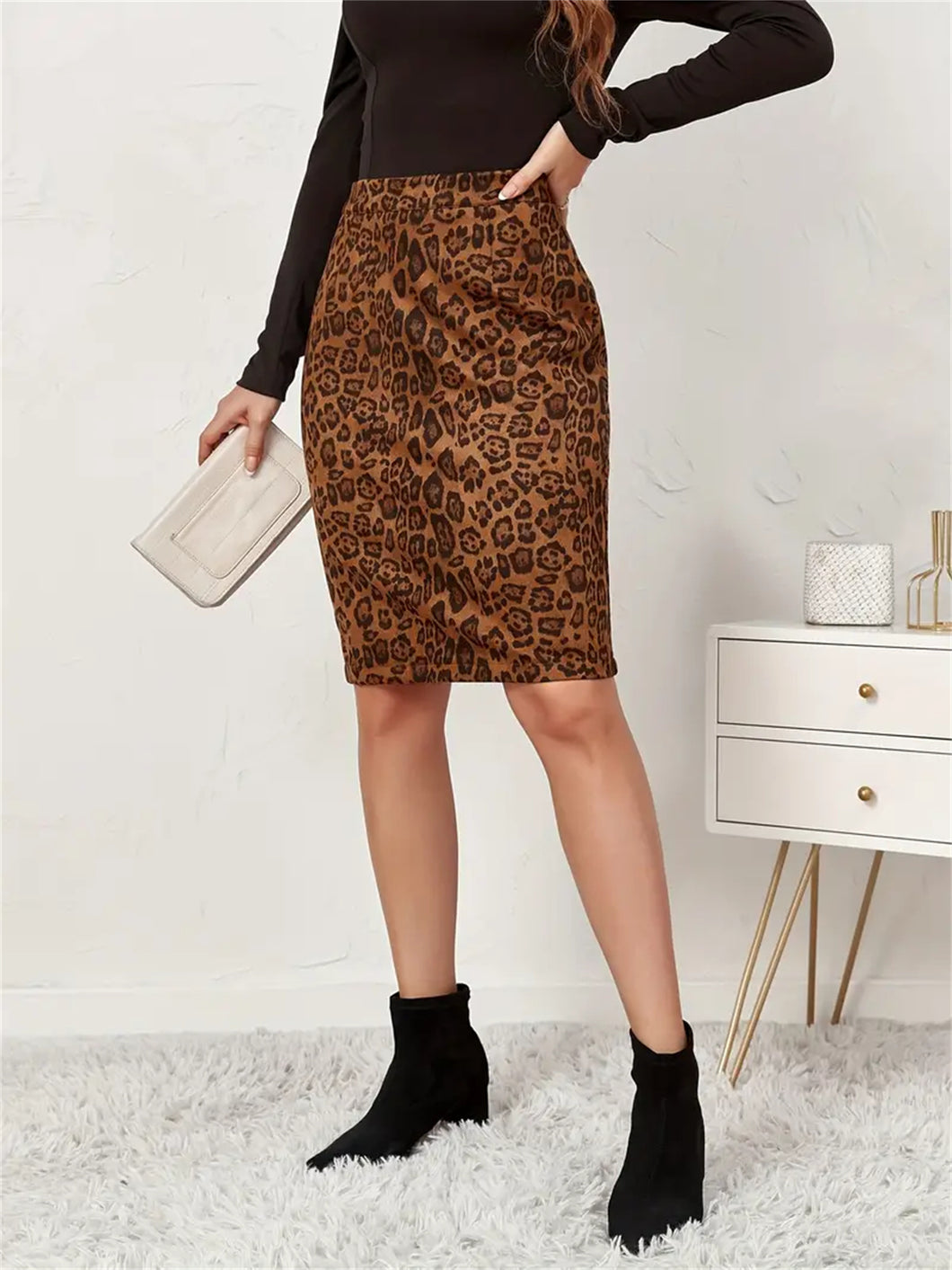 Leopard Print Faux Suede Bodycon Skirt, Sexy High Waist Knee Length Pencil Skirt, Women's Clothing