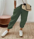 Cotton Linen Elastic-waist Cropped Pants Casual Women's Pants