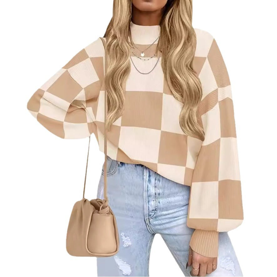 Women's Fashion High Collar Long Sleeve Striped Rib Sweater