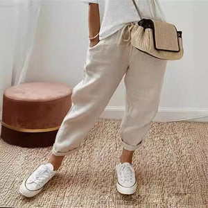 Cotton Linen Elastic-waist Cropped Pants Casual Women's Pants