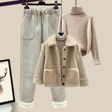 Lamb Wool Fur Sweater Casual Pants Three Piece Set Fashion Suit Women