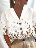 Women's Stand Collar Button Casual Half-sleeve Cotton And Linen Printed Short-sleeved Shirt