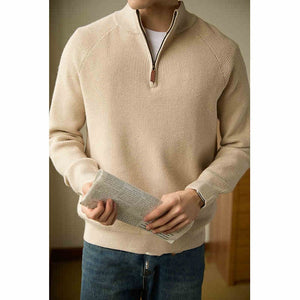 Stand Collar Half Zip Men's Solid Color Pullover Knitted Sweater