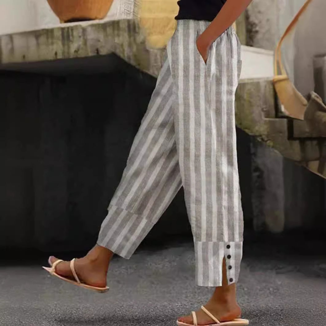 Women's Casual Striped Trousers With Decorative Buttons