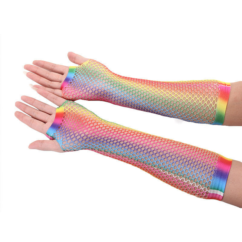 Rainbow Color Sexy Fishnet Half-finger Long Net Gloves