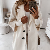 Sleeves Button Lapel Pocket Women's Woolen Jacket