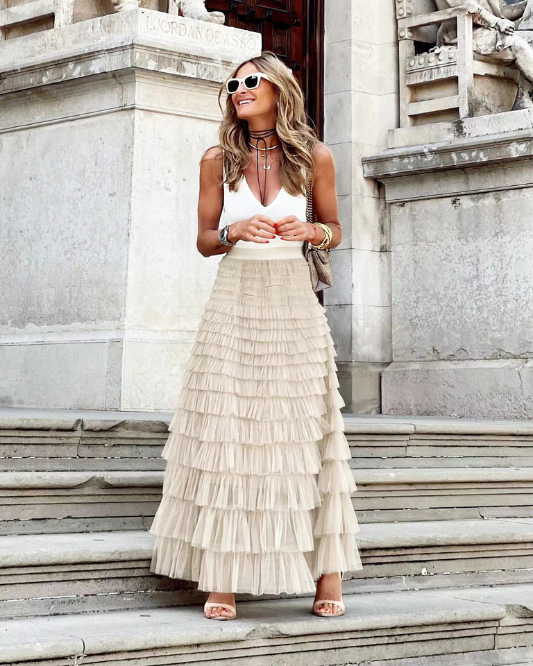 Layered Ruffles Cake Skirt Summer Fashion A Line Swing Mesh Long Skirt Party Dress Women