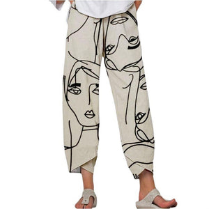 High Waist Gray Trousers Printed Stitching Loose Cropped Pants