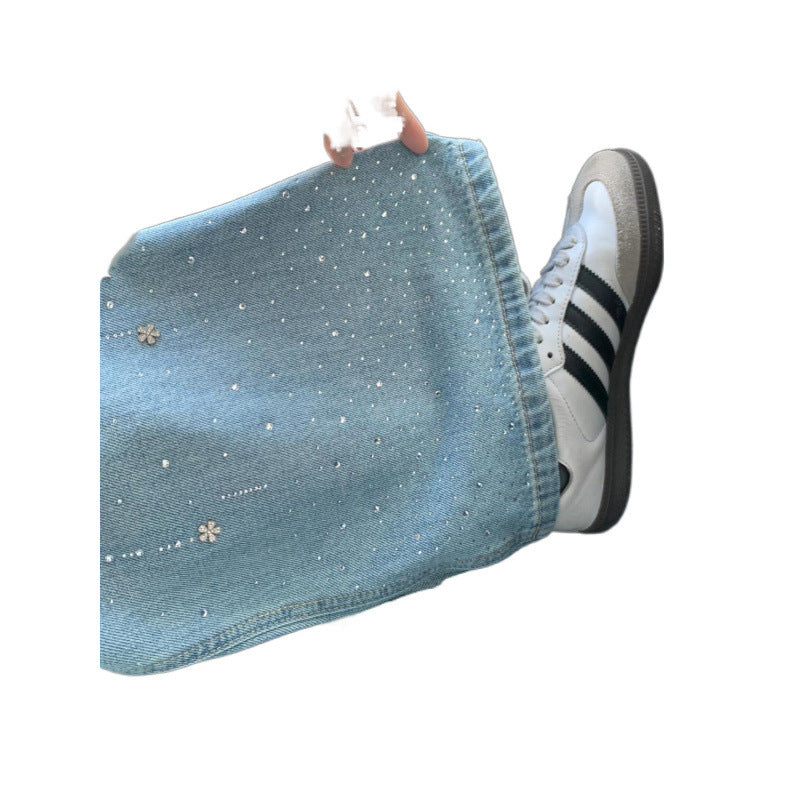 Women's Rhinestone High Waist Straight Jeans