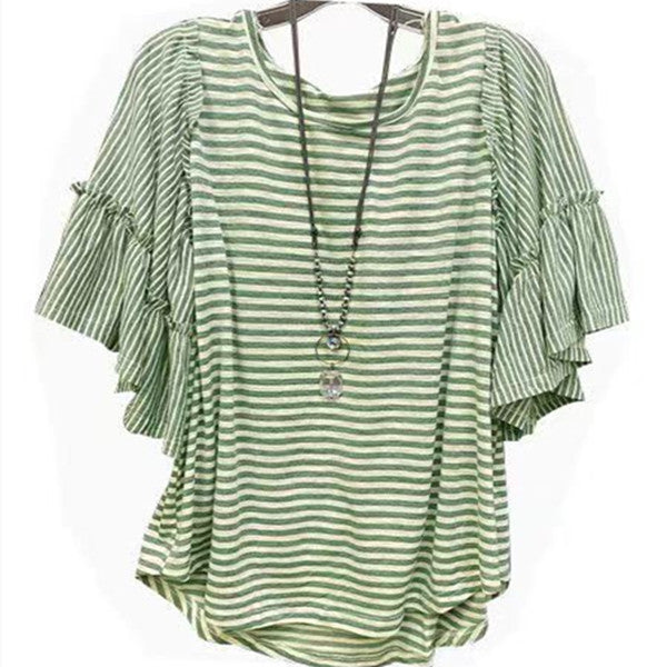 Women's Summer Round Neck Striped Stitching T-shirt Short Sleeve Top