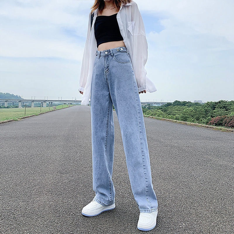 Women's Adjustable Waist Jeans High Waist Straight Pants Loose