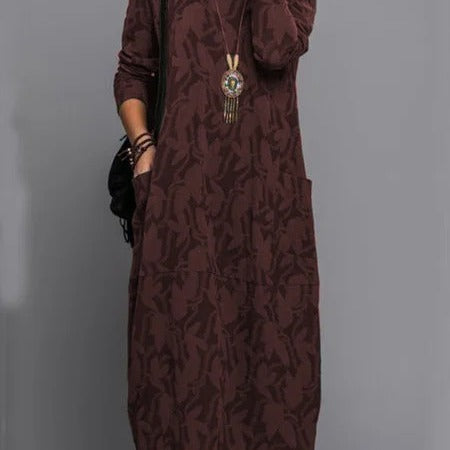 Printing Crew Neck Casual Temperament Long Sleeve Pocket Dress