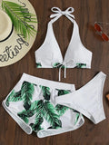 3pcs Leaf Print Bikini With Shorts Fashion Summer Beach Swimsuit Womens Clothing