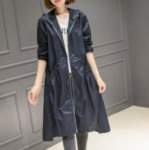 Korean Style Hooded Mid-Length Over-The-Knee Trench Coat