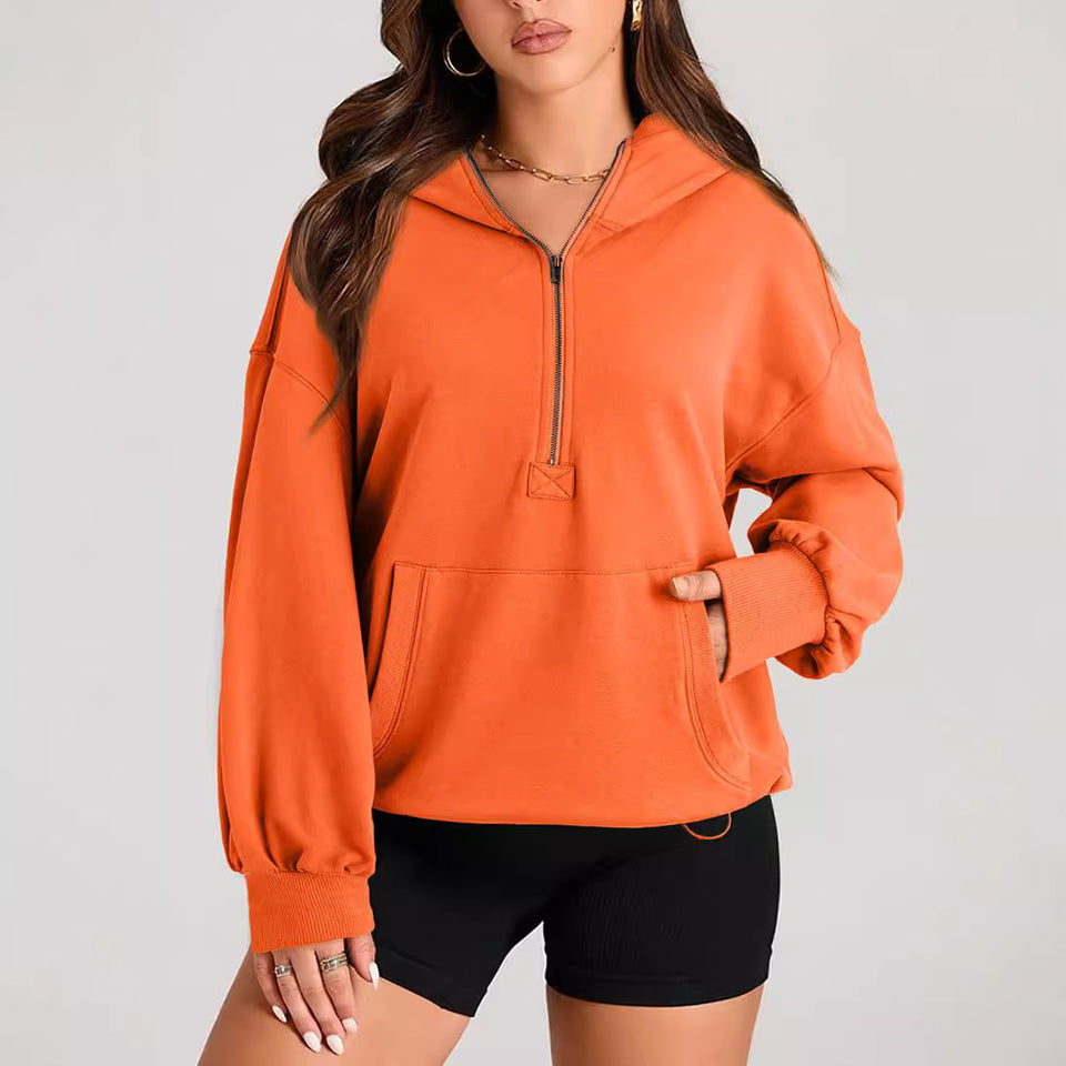 Solid Color Long Sleeve Hooded Zipper Sweatshirt