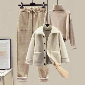 Lamb Wool Fur Sweater Casual Pants Three Piece Set Fashion Suit Women