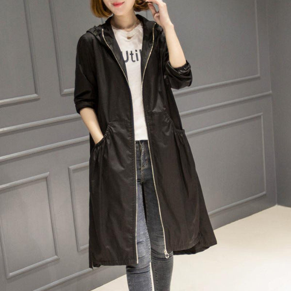 Korean Style Hooded Mid-Length Over-The-Knee Trench Coat