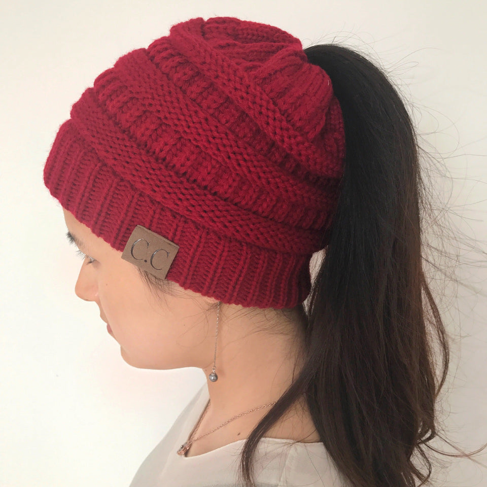 Knitted Ponytail Hat, Women's Wool Hat Fashion