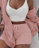 Winter Sexy Women Home Wear Suit Casual Pajamas Set Lady Female Soft Warm Long Sleeve Exposed Navel Vest Shorts Set