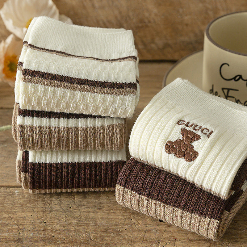 Women's Fashion Simple Coffee Color With Stripes All-matching Embroidered Cotton Socks