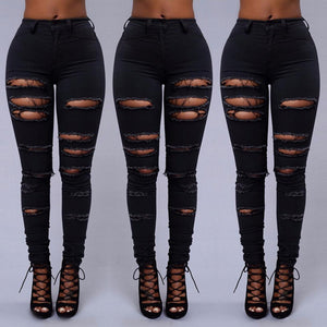 High Quality Women Casual Hole Jeans High Waist Skinny Pant Pencil Jeans Ripped Sexy Female Girls Trousers Denim Jeans