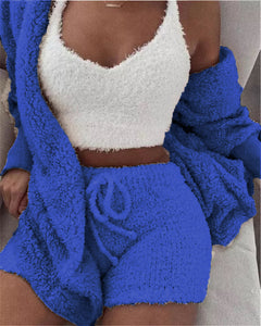 Winter Sexy Women Home Wear Suit Casual Pajamas Set Lady Female Soft Warm Long Sleeve Exposed Navel Vest Shorts Set