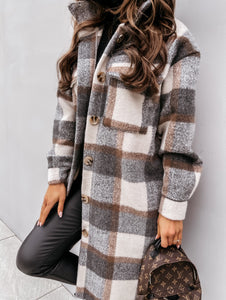 Button Lapel Casual Warm Plaid Long Woolen Coat