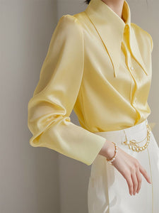 French Light Ripe Yellow Big Pointed Collar Long Sleeve Shirt