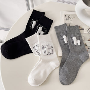 Spring And Autumn Tube Socks Cute Cartoon Black White Gray Alpaca Socks