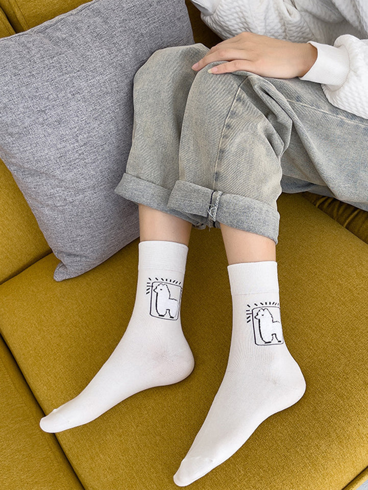 Spring And Autumn Tube Socks Cute Cartoon Black White Gray Alpaca Socks