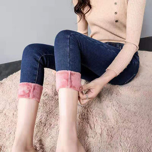 Women Thermal Jeans Winter Snow Warm Plush Stretch Jeans Lady Skinny Thicken Fleece Denim Long Pants Retro Blue Pencil Trousers