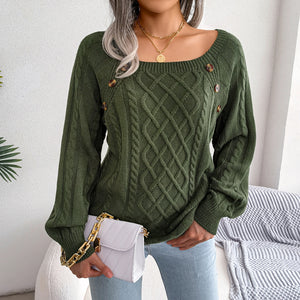 Square Neck Knitted Sweater With Button Design Winter Warm Long Sleeve Tops Women's Clothing