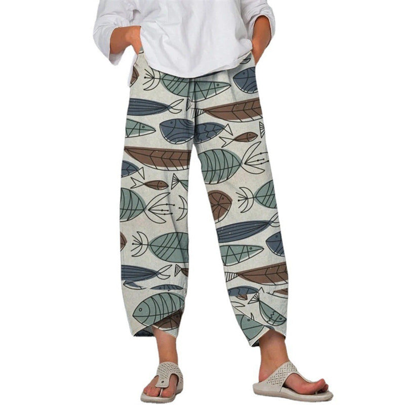 High Waist Gray Trousers Printed Stitching Loose Cropped Pants