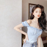 Women's Fashion Chic Collarbone Off-shoulder Design Drawstring Short Sleeve