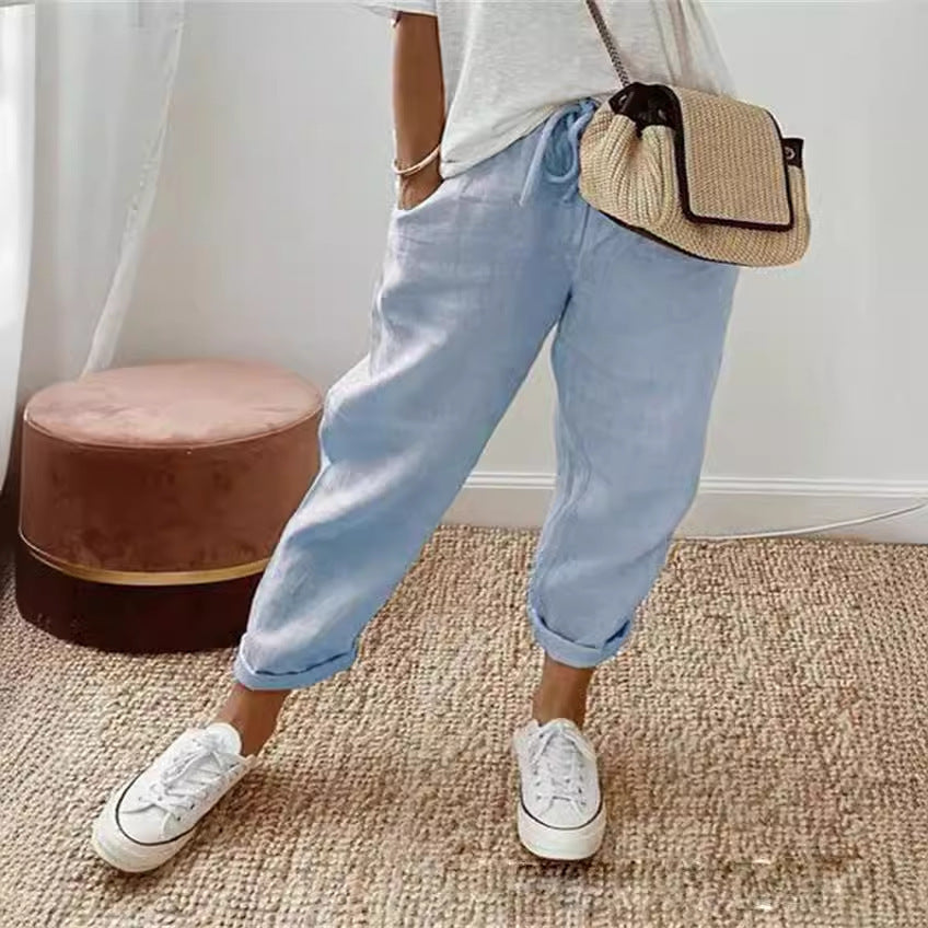 Cotton Linen Elastic-waist Cropped Pants Casual Women's Pants