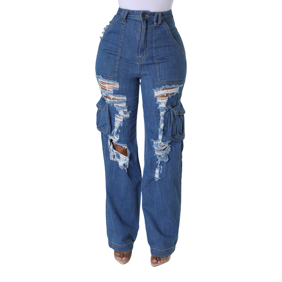 Ripped Jeans Women's Multi-bag Ripped Stretch