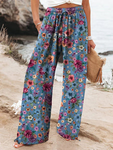 Fashionable Floral Art Printed Elastic Waist Drawstring Pocket Trousers