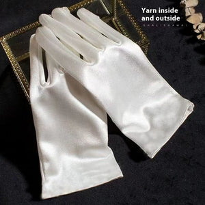 French Hepburn Style Short Pearl Satin Bridal Gloves