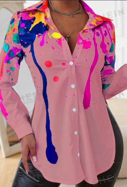 Spring And Autumn Leisure Ink-Splash Printed Side Slit Long Sleeve Shirt