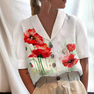 Women's Stand Collar Button Casual Half-sleeve Cotton And Linen Printed Short-sleeved Shirt