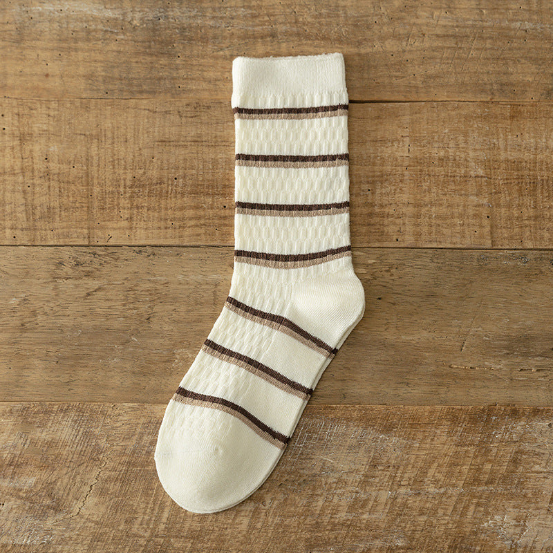 Women's Fashion Simple Coffee Color With Stripes All-matching Embroidered Cotton Socks